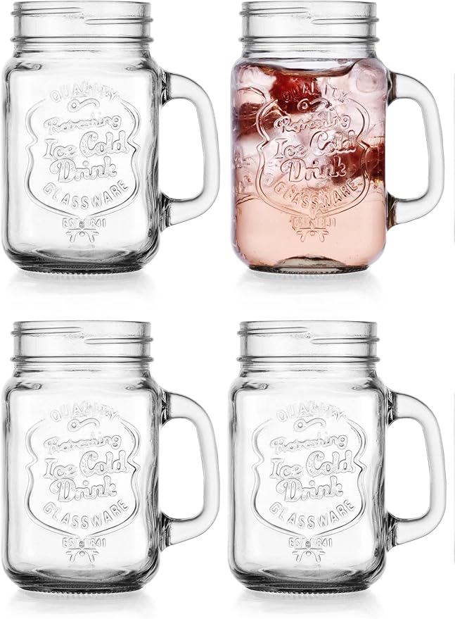 Glaver's Mason Drinking Jars – Set of 4, 15.25 Oz Clear Glass Jar with Handle and Lid. – Ice-Cold Drink Glassware Logo – Glass Mugs Ideal for Cold Beverages, Juice, Smoothie, Cocktails.