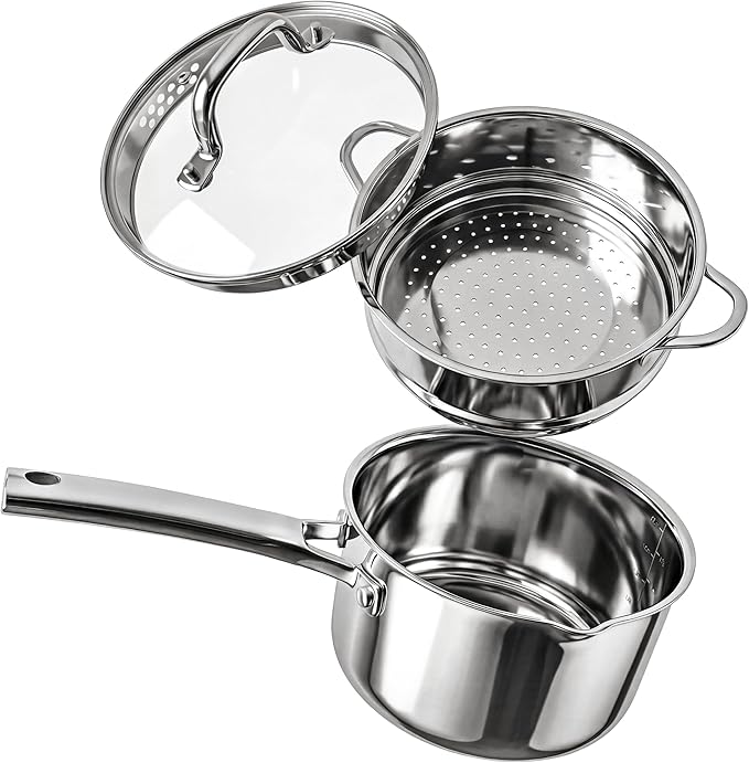 2-in-1 Tri-Ply Steamer & Saucepan Set - 3.5 Qt Stainless Steel Sauce Pan with Pour Spouts, Steamer Insert & Strainer Glass Lid - Compatible with All Stovetops Including Induction