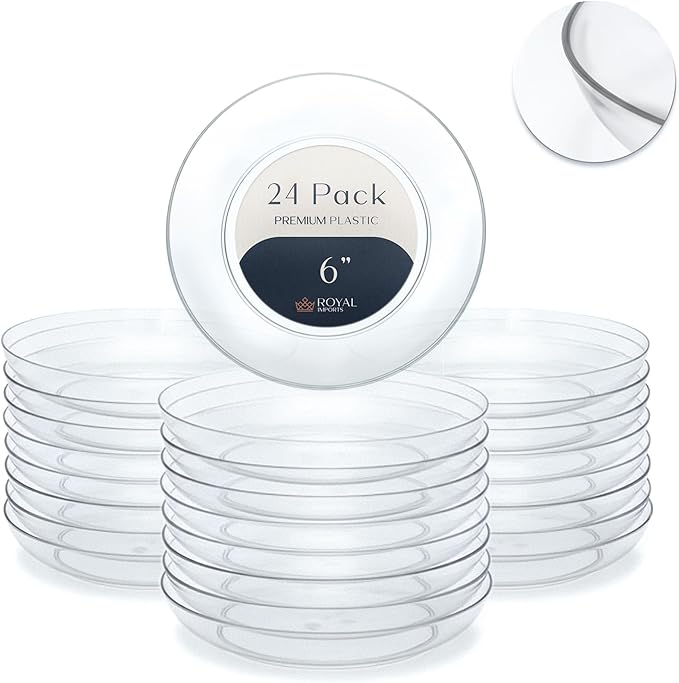 Royal Imports 6" Clear Plastic Saucer Plant Drip Tray, Low Pie Plate, Floral Flower Dish, Wedding, Party, Home and Holiday Decor, 24 Pack