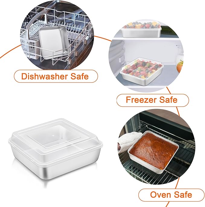 TeamFar 6 x 6 Inch Square Cake Pan, Stainless Steel Square Baking Pan with Lid for Brownie Lasagna, Non-Toxic & Heavy Duty, One-Piece & Smooth, Dishwasher Safe & Easy Clean (2 Pans + 2 Lids)