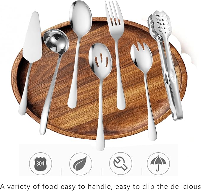 Silver Flatware 7 Piece Stainless Steel Set Includes Serving Spoons, Slotted Serving Spoon, Serving Tongs, Serving Fork, Salad Fork, Soup Ladle, Pie Server