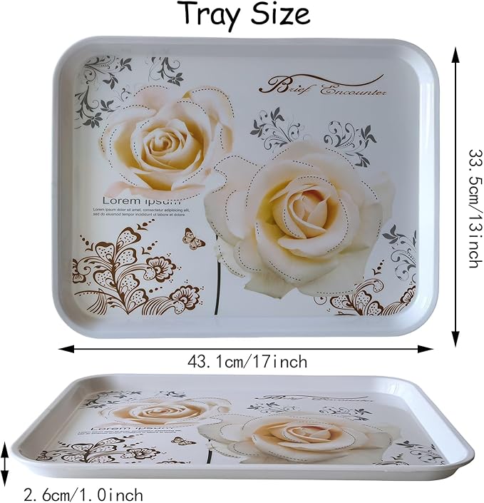 Large Serving Platter Melamine Trays 2 Pack Stackable Food Tray with Floral Print for Gift, Party, Decor, Home, Restaurant (Gold Rose, Large)