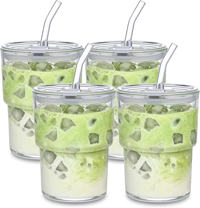 13oz Iced Coffee Cup, Reusable Glass Tumbler with Straw and Lid, Thick Wall Glass Cups with Lids and Straws for Matcha, Smoothies, Drinking Glassware Water Cups (clear-4pack)