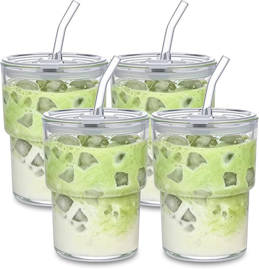 13oz Iced Coffee Cup, Reusable Glass Tumbler with Straw and Lid, Thick Wall Glass Cups with Lids and Straws for Matcha, Smoothies, Drinking Glassware Water Cups (clear-4pack)