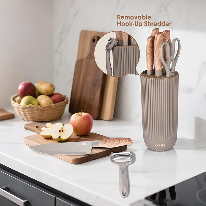 Knife Set, 8 Piece Kitchen Knife Set, Stainless Steel Knives Set for Kitchen, Universal Knife Block Set, Kitchen Kinfe Essentials, New Home Apartment Essentials, Dishwasher Safe (Khaki)