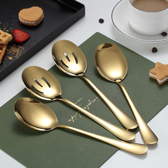 Gold Serving Spoons 4 Pieces, Kyraton Titanium Plating Serving Spoon, Include 2 Serving Spoon And 2 Slotted Spoons, Stainless Steel Serving Utensils, Serving Set Packing of 4