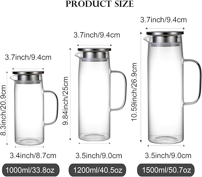 Heat Resistant Glass Pitcher With Lid And Spout, Iced Tea Pitchers Beverage Pitchers For Fridge, Water Pitcher And Carafe 1500ml/51oz