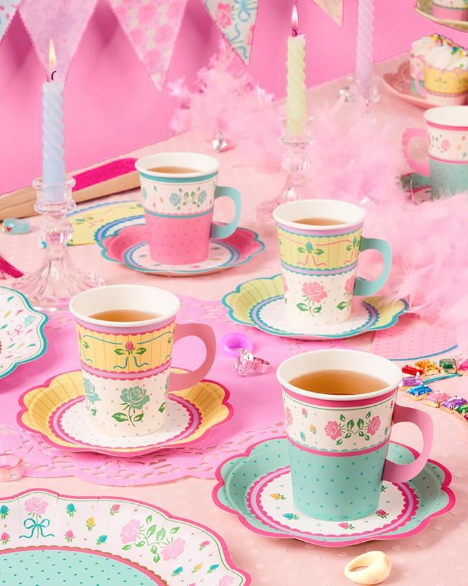 xo, Fetti Tea Party 9oz Cups and Saucers Set - 32 Piece Drinkware Set | Garden Party, Fancy Birthday, Easter, Pastel, Floral, Coquette, Vintage
