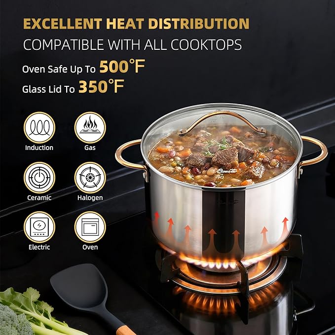8 Quart Stock Pot with Lid, Upgraded Tri-Ply Stainless Steel Pot, Seamless Soup Pot with Stay-Cool Brass Handle, Healthy Polished Stockpots, Induction Cookware, Oven and Dishwasher Safe