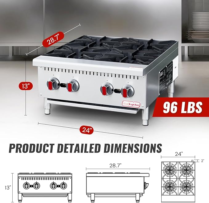 Commercial Gas Stove 4-Burner - 100,000 BTU Countertop Cooking Stove Range, Heavy-Duty Hot Plate, Stainless Steel Cooking Equipment for Restaurant, kitchens, Propane/Natural Gas
