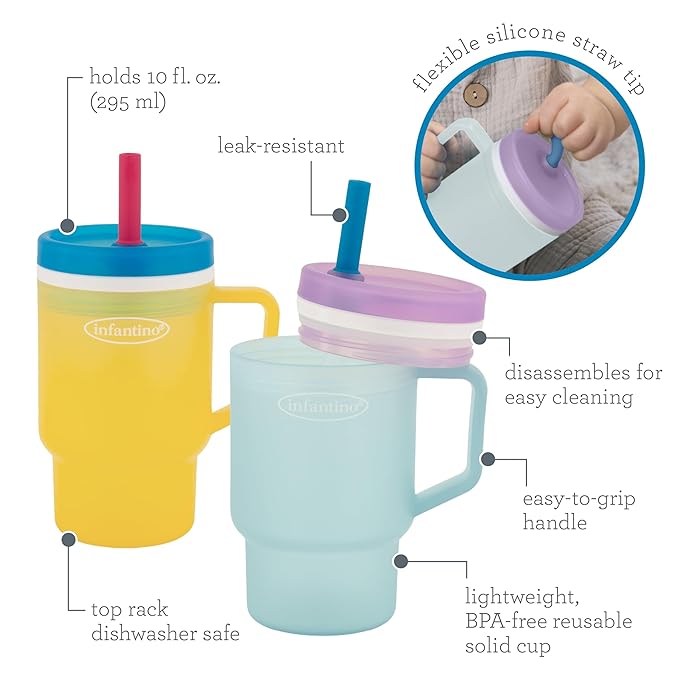Infantino My 1st Tumbler, Durable Plastic Sippy Cup with Straw & Handle, Spill-Resistant, for On-the-Go, BPA-Free Transition Cup, Cool Breeze & Lemon Rizz, 2-Pack