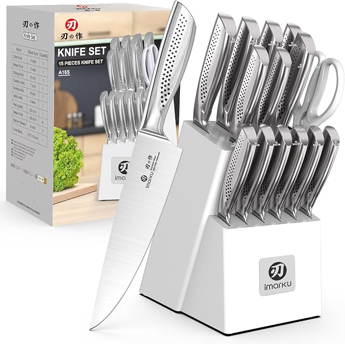 imarku 15-Piece Knife Set with Block, High Carbon Stainless Steel Kitchen Knives with Built-in Sharpener, Dishwasher Safe, Ergonomic Non-Slip Handle, Perfect for Home Cooks & Chefs, White