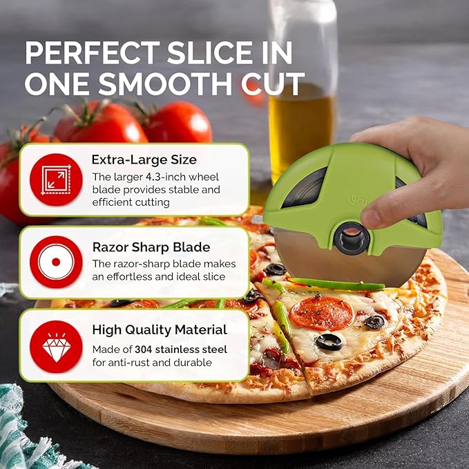 Pizza Cutter Wheel, 4.3" Large 304(18/8) Stainless Steel Blade, Reinforced Durable Pizza Slicer, Fully Detachable & Dishwasher Safe with Safety Protective Cover, Green