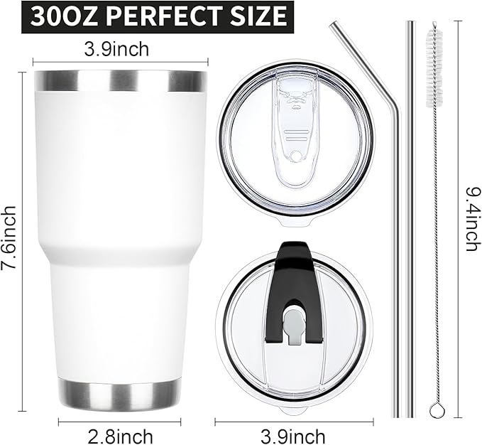 30 oz Tumbler with Lids and Straws Double Wall Insulated Tumbler Cup,Stainless Steel Leak-proof Thermal Coffee Tumbler Powder Coated Travel Mug for Cold and Hot Beverages,White