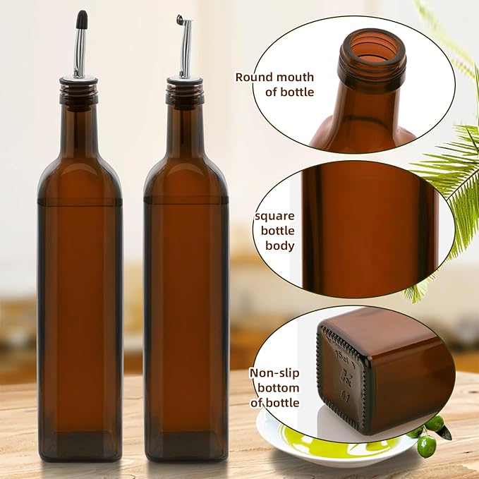 2Pcs 25 oz Olive Oil Dispenser Bottle,750 ml Glass Oil and Vinegar Dispenser Set with Pourers and Funnel ，Oil Bottles for Kitchen Large capacity oil bottles (Brown 2pcs)