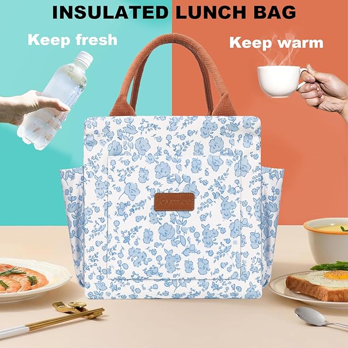 Joymee Lunch Bag Women Insulated Lunch Box Reusable Leakproof Large Spacious Cooler Tote for Women Men Adult with Bottle Holder and Side Pockets for Work Office Travel Picnic -Blue Floral