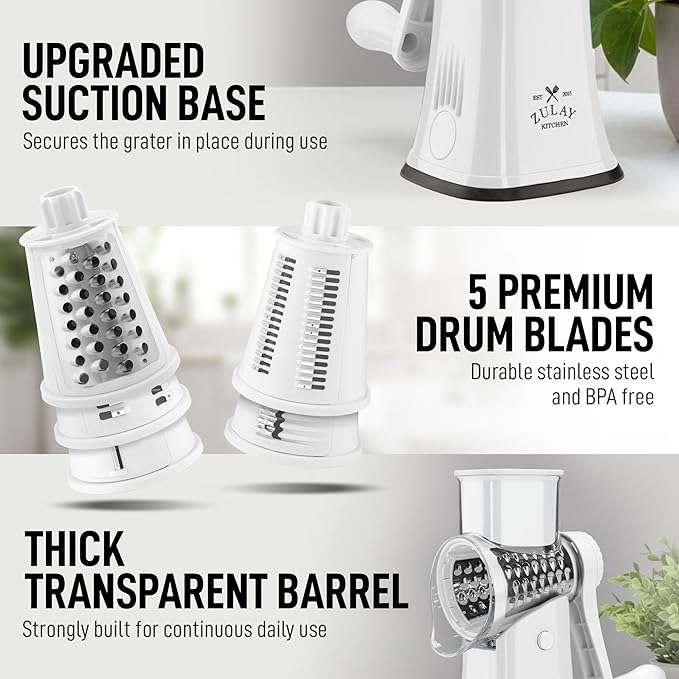 Zulay Kitchen Rotary Cheese Grater 5 Blade Cheese Shredder - Manual Hand Crank Cheese Grater With Reinforced Suction & 5 Interchangeable Drums - Easy to Use, Vegetable Chopper Round Mandoline Slicer