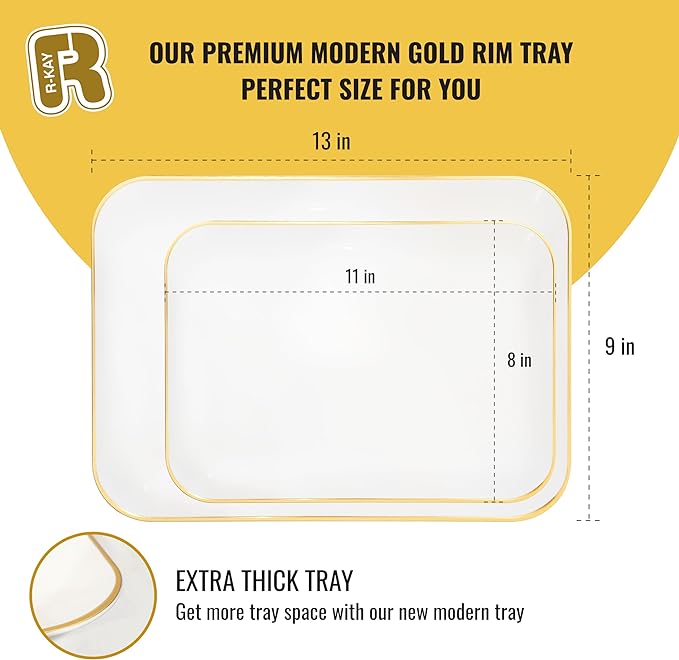 R-kay 3 Pack Plastic Serving Trays for Party - White and Gold Tray 8 by 11 in Heavy Duty Dessert Food Rectangular Premium Platters