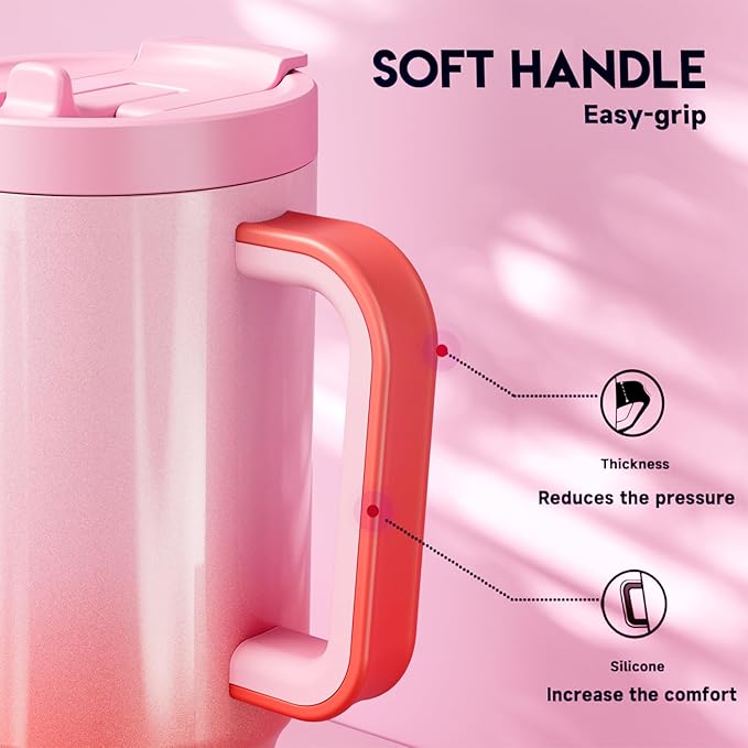 Meoky 32 oz Tumbler with Handle and Flip Straw, 100% Leakproof Tumbler with Lid and Straw, Stainless Steel Insulated Cup, Cupholder Friendly, Keeps Cold for 24 Hours (Flamingo)
