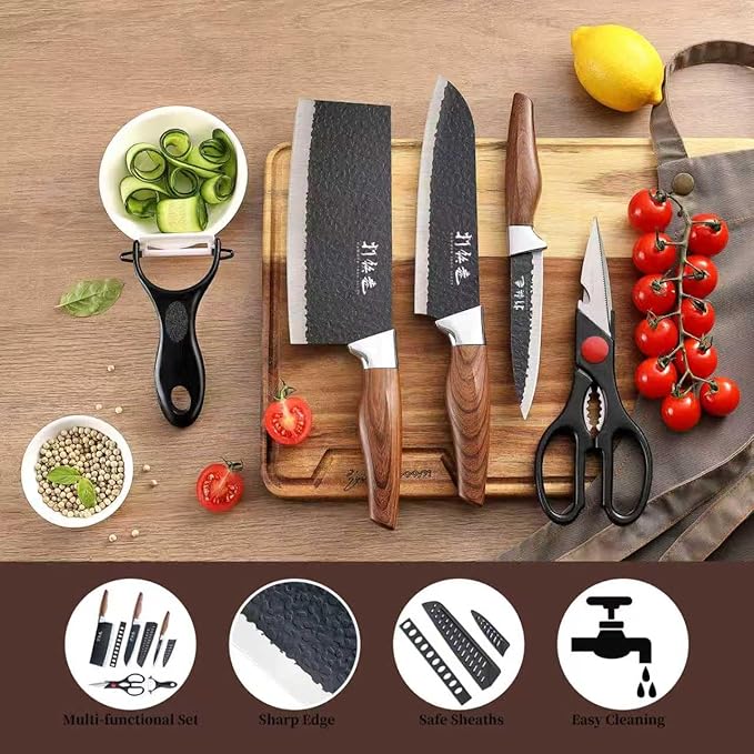 5 PCS kitchen Chef Knife Set, include 7 inch cleaver, 7 inch Santoku, 4.5 inch utility knife, Kitchen Scissors and Peeler
