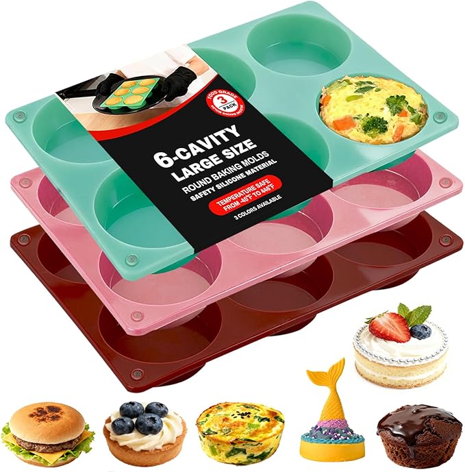 3Pack Larger Silicone Muffin Pans for Baking, 18-Cavity Round Molds, Easy to Pop, Nonstick, Top Pan for Egg Bite, Sandwiches, Mini Cake, Chocolate Dessert, Hamburger Making