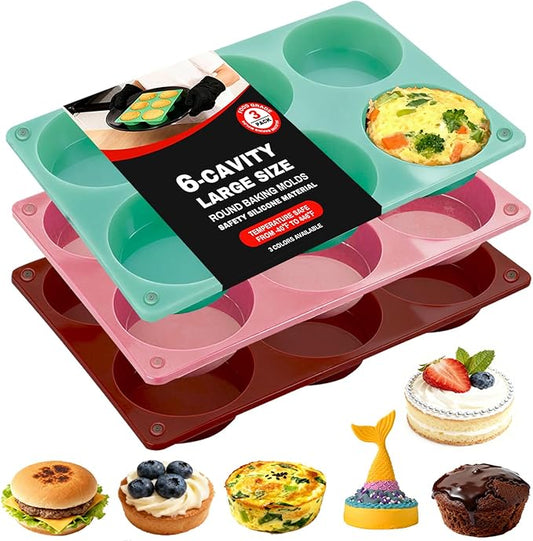 3Pack Larger Silicone Muffin Pans for Baking, 18-Cavity Round Molds, Easy to Pop, Nonstick, Top Pan for Egg Bite, Sandwiches, Mini Cake, Chocolate Dessert, Hamburger Making