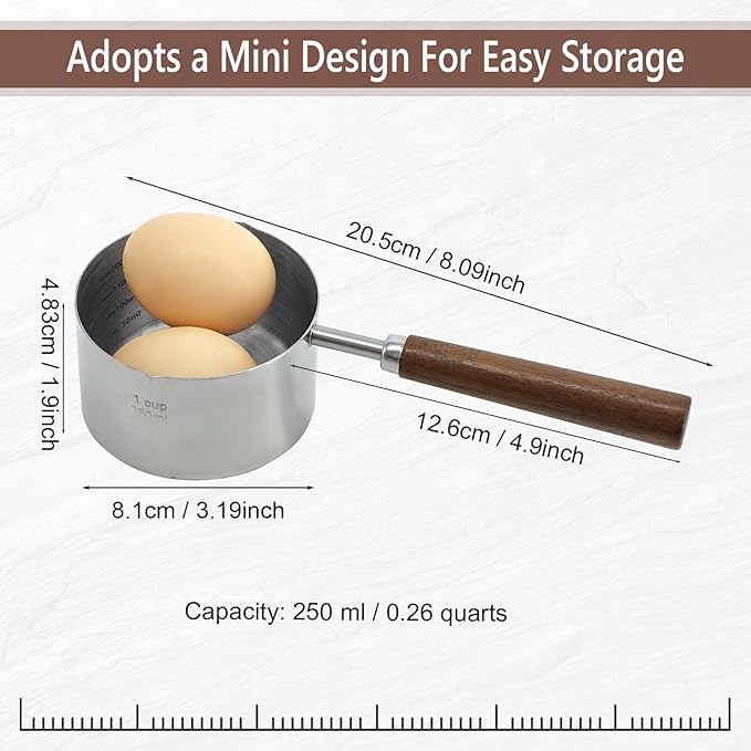 Stainless Steel Butter Warmer Pot & Mini Milk Warmer - 250ml Small Sauce Pan with Secure Handle, Dual Spout & Clear Marks for Melting, Heating, Cooking
