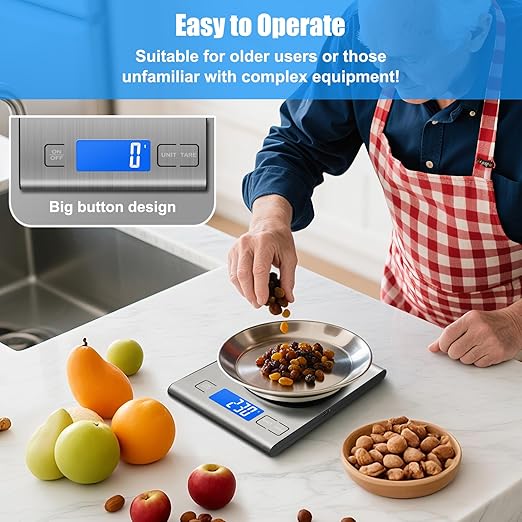 33lb Rechargeable Food Scale, Diyife 304 Stainless Steel Digital Kitchen Scale with 3 Buttons, Weight Grams and Ounces for Baking, Cooking, 5 Units with Tare Function, LCD Display, 2 AAA Batteries