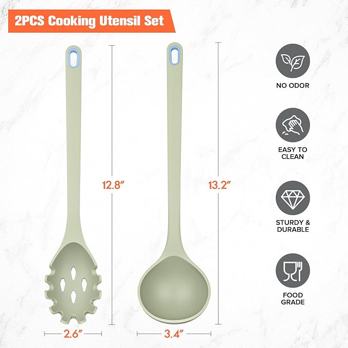 Silicone Spaghetti Spoon&Soup Ladle Cooking Utensils Set of 2,No Scratch for Nonstick Cookware,BPA Free, 450℉Heat Resistant (Green)