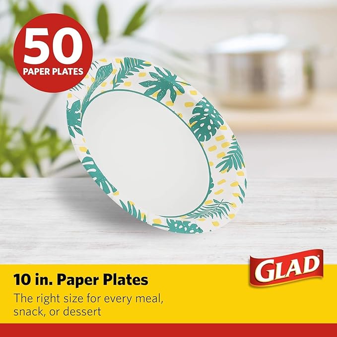 Glad Round Decorative Disposable Paper Plates, Palm Leaves Pattern, Soak Proof, Cut Resistant, Microwave Safe Dinner Plates for Everyday Meals, Parties, and Picnics, 10 Inch, 50 Count - 2 Pack