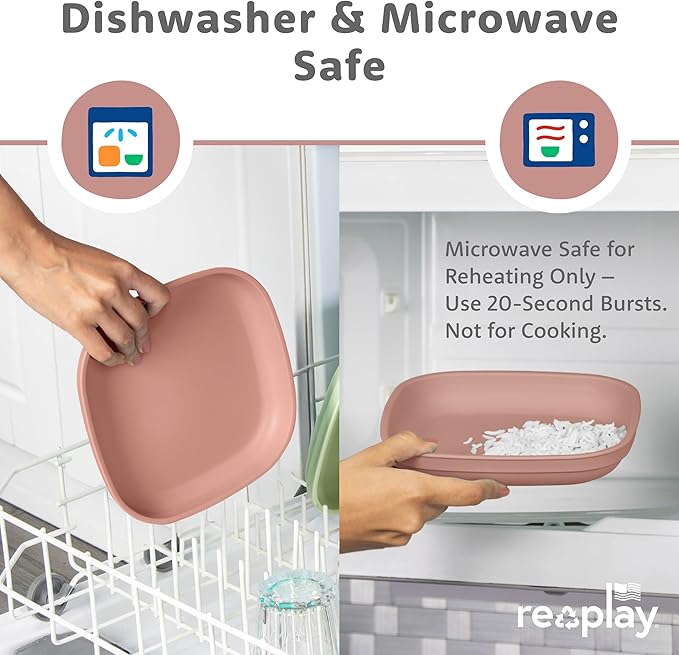 Re-Play Toddler Plates - 22 Oz. Deep-Walled Flat Kids Plates with 1 Lid - Dishwasher & Microwave Safe - Made in USA - Set of 3-7.37" x 7.37" x 1.25" - Desert Roses