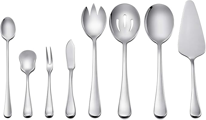 LIANYU Serving Utensils Set 8 Piece, Stainless Steel Serving Flatware Silverware Set with Slotted Spoons, Forks for Party Dinner, Mirror Finished, Dishwasher Safe