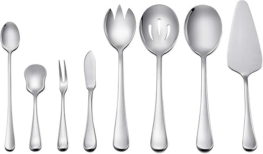 LIANYU Serving Utensils Set 8 Piece, Stainless Steel Serving Flatware Silverware Set with Slotted Spoons, Forks for Party Dinner, Mirror Finished, Dishwasher Safe