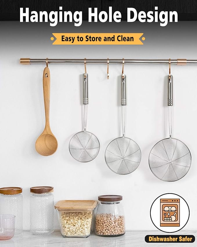Enhanced Version Stainless Steel Spider Strainer Skimmer Ladle, Set of 3 Sizes Kitchen Strainer Spoon for Cooking and Frying, Pasta Strainer, Food Preparation-32.5cm, 36cm, 38cm