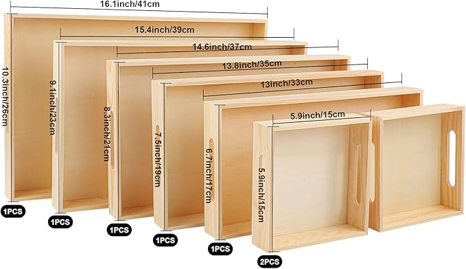 Aodaer 7 Pieces Wooden Trays, Wooden Nested Serving Trays, Rectangular Shape Serving Tray with Handles for Kitchen Party Dinner Snacks