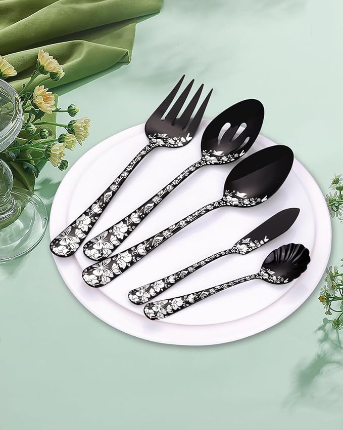 Stapava Serving Utensils Set Black, 5-Piece Large Hostess Set, Stainless Steel Flatware Serving Set, Ideal for Buffet Catering Party, Mirror Polished, Dishwasher Safe