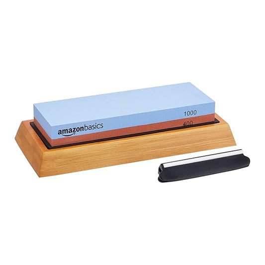 Amazon Basics Dual Sided Whetstone Knife Sharpening Stone 400/1000 Grit with Angle Guide, Non-Slip Bamboo Base, Black & Grey
