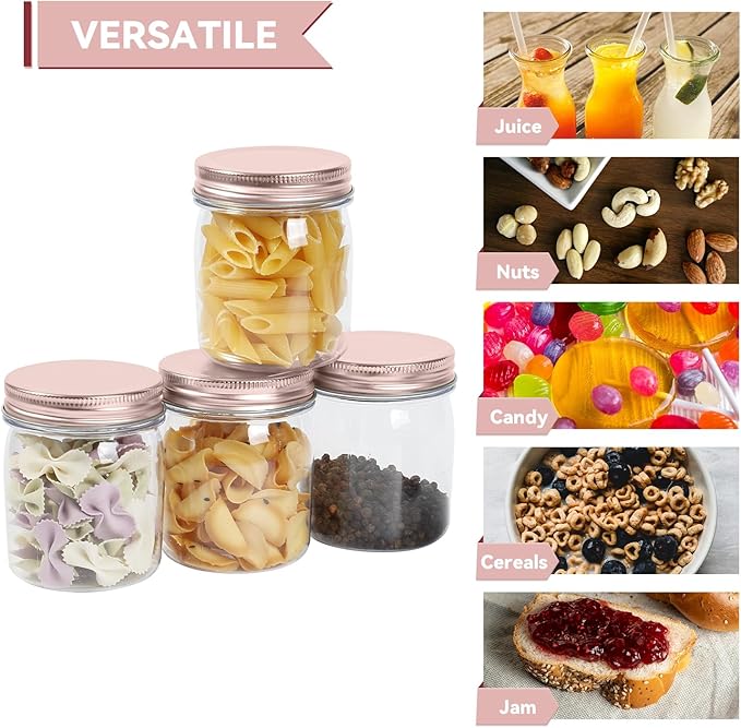 novelinks 8 oz Clear Plastic Jars with Airtight Lids, 16 Pack Plastic Mason Jars with Lids 8oz, Refillable Storage Slime Containers & Small Spice Jar for Kitchen Organization (16 Pack,Rose Gold)