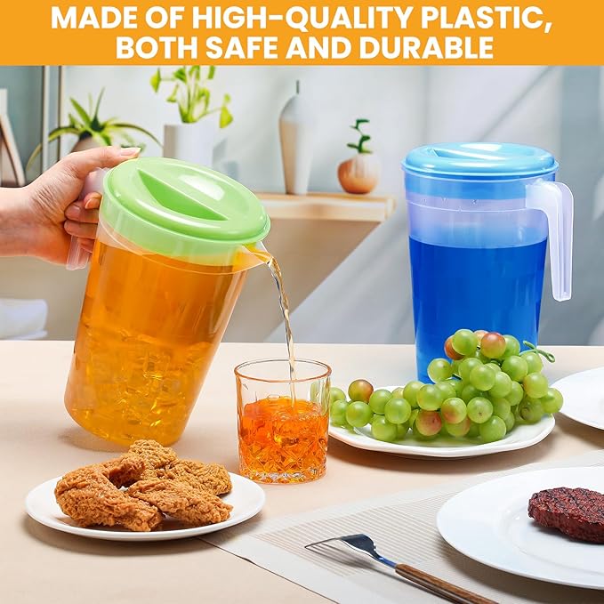 Honeydak 6 Pcs 70 Oz Round Clear Plastic Pitcher with Lid & Handle for Water Iced Tea Beverages (6 Packs Assorted Color) Jarras Para Aguas Frescas Plastic Pitcher for Easy Pouring