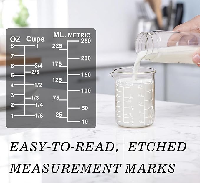 Ackers Etching Scale Glass Measuring Cup Set, Includes 1/2-Cup, 1-Cup, and 2-Cup Liquid Measuring Cups, Dishwasher, Freezer, Microwave, and Preheated Oven Safe, Essential Kitchen Tools