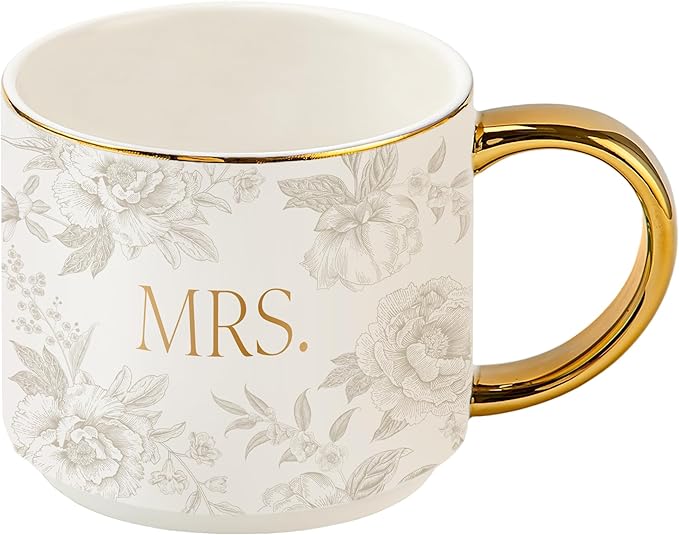 Sweet Water Decor Mrs Mug, 14oz Fine Bone China Coffee Cup with Gold Handle and Grey Delft Pattern, Bridal Shower Gift for Wedding Bride, Engagement & Newlyweds