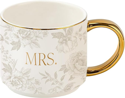 Sweet Water Decor Mrs Mug, 14oz Fine Bone China Coffee Cup with Gold Handle and Grey Delft Pattern, Bridal Shower Gift for Wedding Bride, Engagement & Newlyweds
