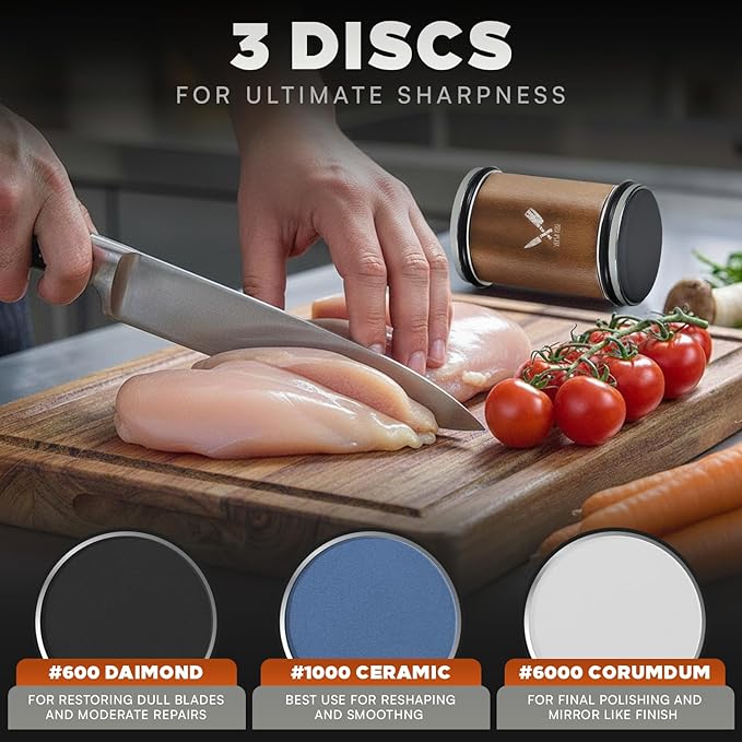 Rolling Knife Sharpener Kit, Ergonomic Cylindrical Design, Heavy Dutty 600,1000 Daimond & 6000 Grit Replacement Disc, 4 Precision Angles, Knife Sharpening Kit for All Kind of Knives