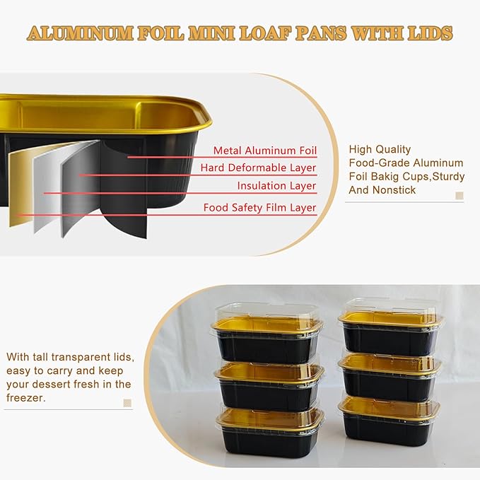 Mini Cake Pans With Lids And Spoons,5.5 oz Rectangle Mini individual Loaf Pans Disposable Aluminum Foil Small Baking Cups Tins (200, Black)