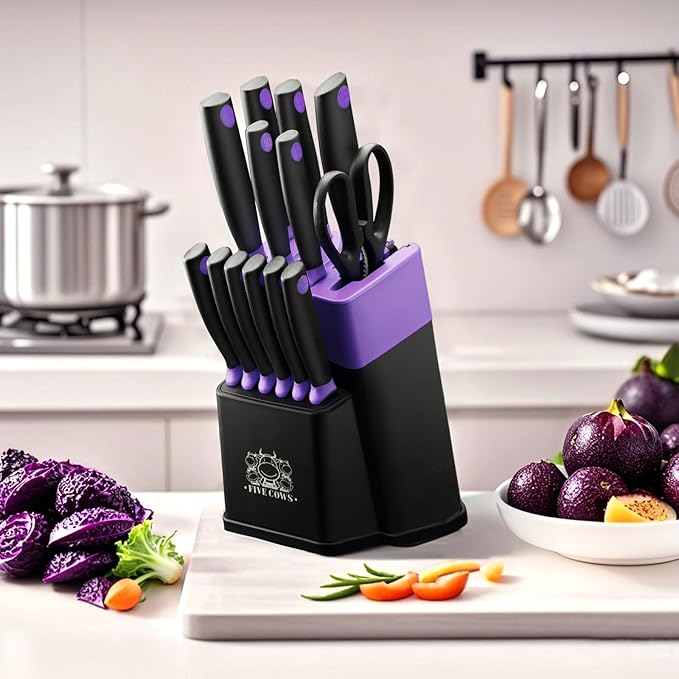14 Pcs Kitchen Knife Block Set with Sharpener German High Carbon Stainless Steel Chef Knives, Razor-Sharp & Durable, Lightweight Anti-Slip Handle, Professional Set for Home & Kitchen (Purple)