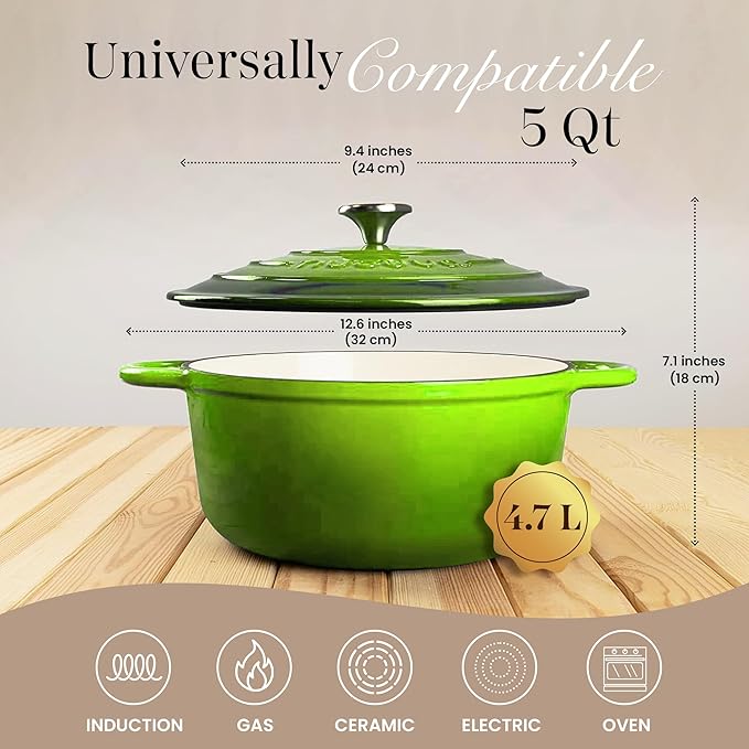 Cast Iron Pot with Lid – Non-Stick Ovenproof Enamelled Casserole Pot, Oven Safe up to 500° F – Sturdy Dutch Oven Cookware – Green, 5-Quart, 24cm – by Nuovva