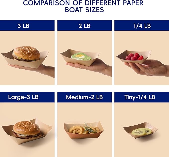 JOLLY CHEF 250 Pack 1/4 Lb Paper Food Trays, Mini Disposable Boat for Gameday, Paper Food Serving Tray for Snack Dessert Taco Nacho (Tiny)