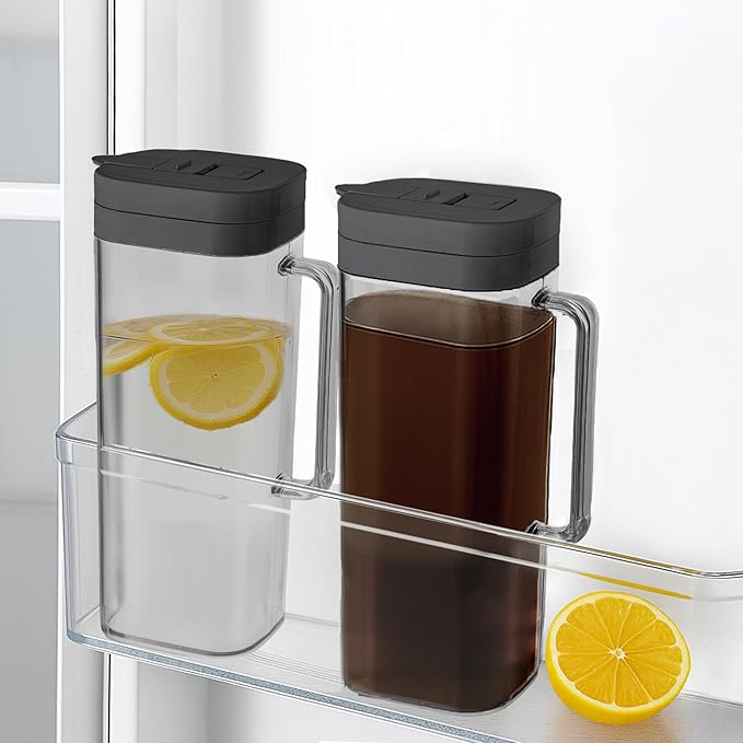 [2-PACK] SlimFit 2 Quart (2 Liter) pitcher with lid - Water jug for fridge door - Leakproof 64oz plastic pitcher with lid - Drink Container for Juice, Iced Tea, Coffee, BPA-Free Plastic, Black