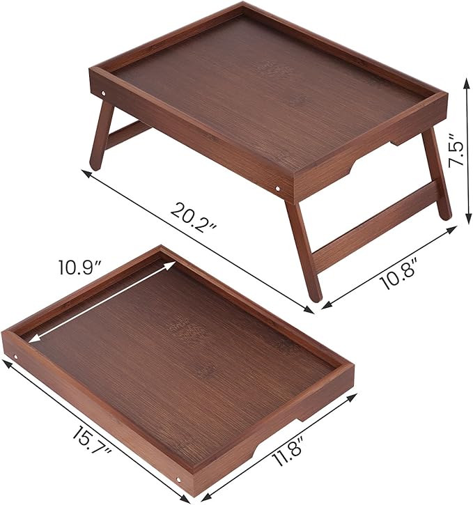 3 Pack Bamboo Bed Tray Table with Folding Legs,Breakfast Trays,Serving Tray,Laptop Tray for Working,Food Snack Tray for Bed and Sofa(Brown)