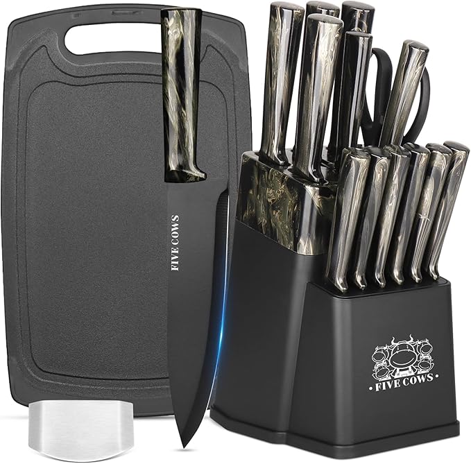 16-Piece Kitchen Knife Block Set with Cutting Board - German Stainless Steel Knives, Built-In Sharpener, Dishwasher Safe, Anti-Slip Handle - All-in-One Cutlery Set for Home/Kitchen